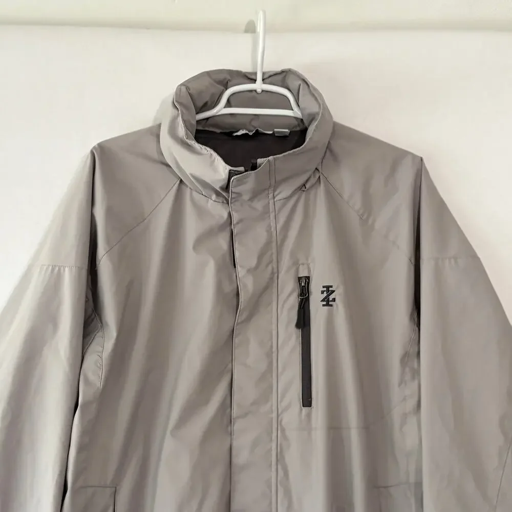 IZOD Golf Jacket Mens Medium Gray Windbreaker Roll Up Hood Lightweight Full Zip